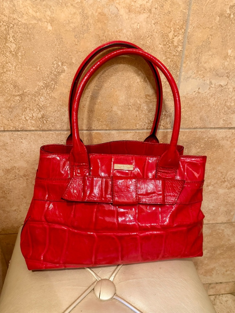 kate spade Red Patent Croc-Embossed Tote with Bow Detail
